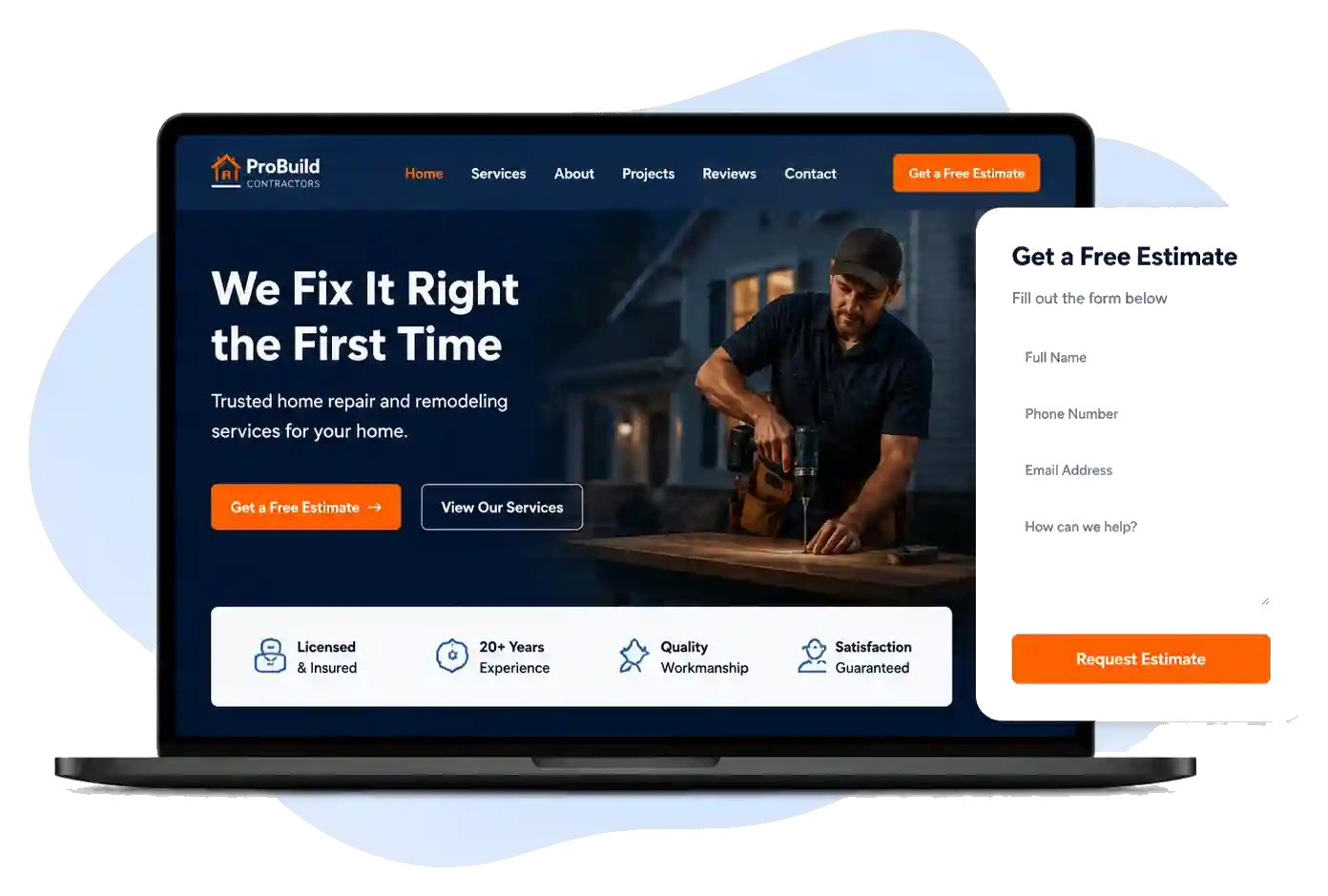 Conversion-focused website layout with lead form for local contractors
