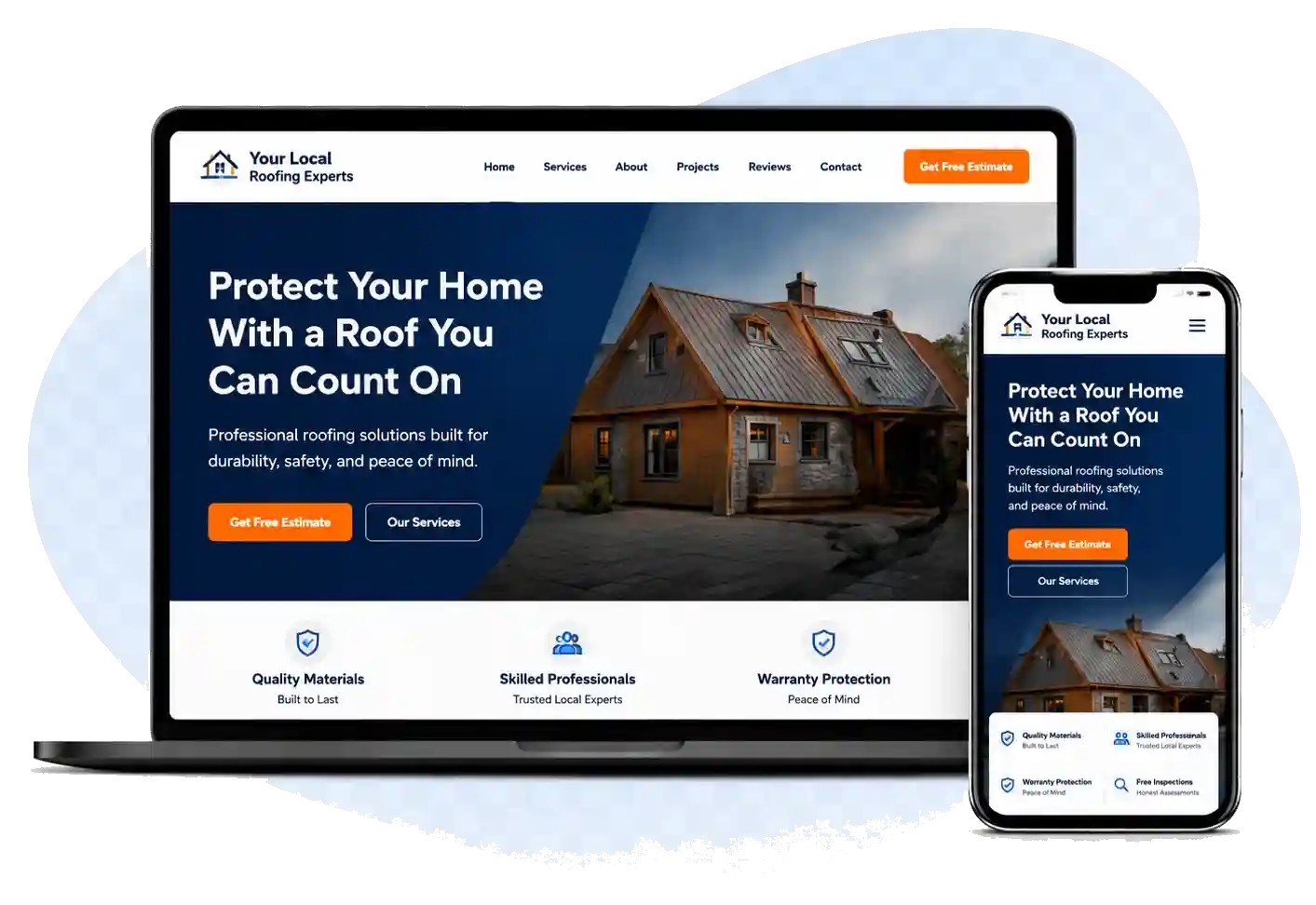 Trust-building roofing website design mockup with desktop and mobile views