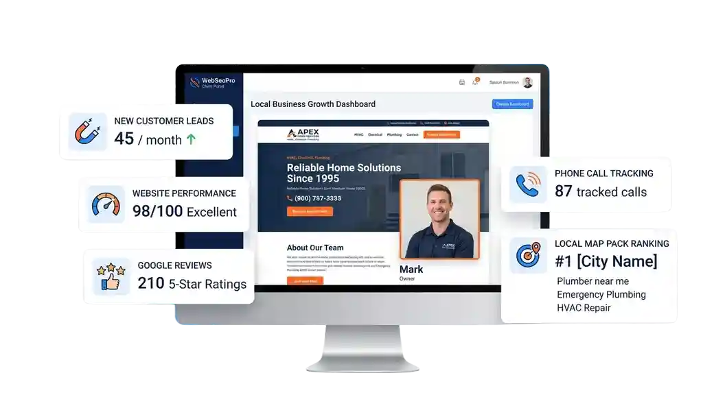 WebSeoPro local business growth dashboard with website SEO leads and review results