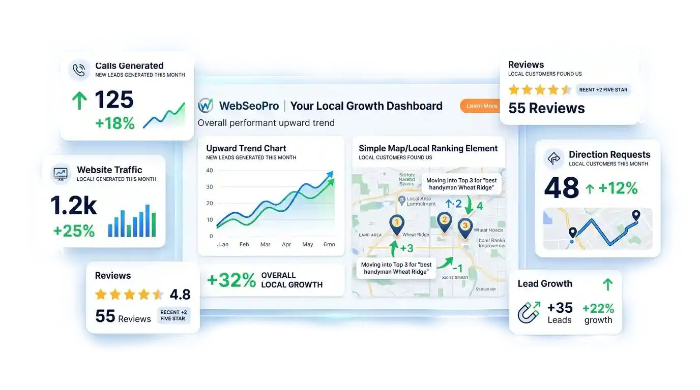 WebSeoPro local business growth dashboard showing website traffic calls reviews and local search results