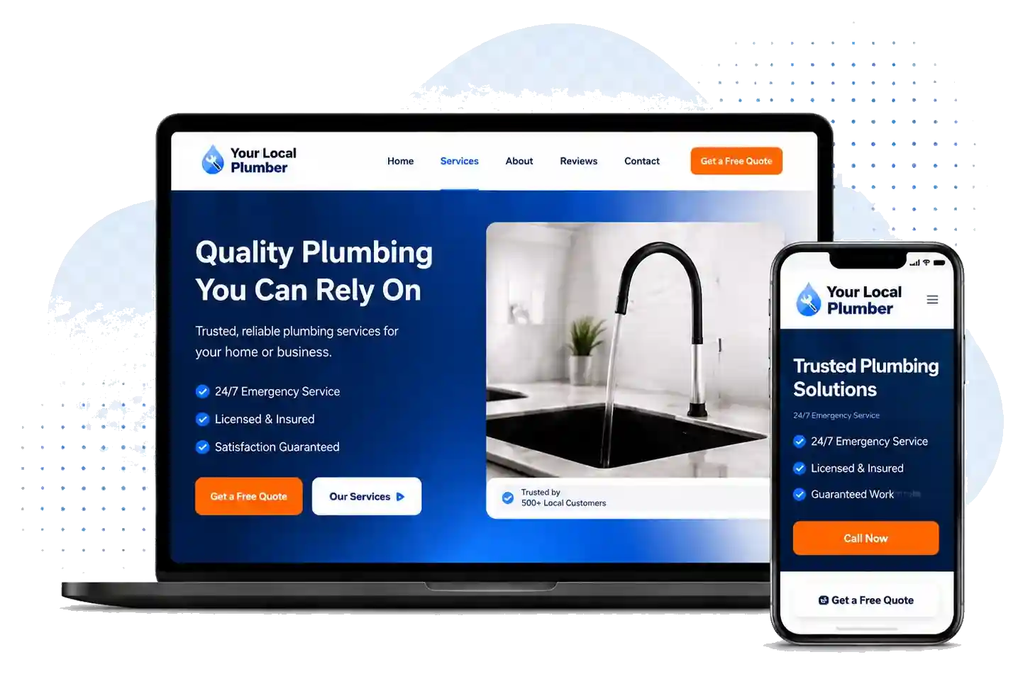 Custom website design dashboard for a local plumbing business on desktop and mobile
