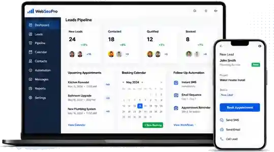Lead and booking system dashboard showing leads pipeline, appointments, booking calendar, and follow-up automation