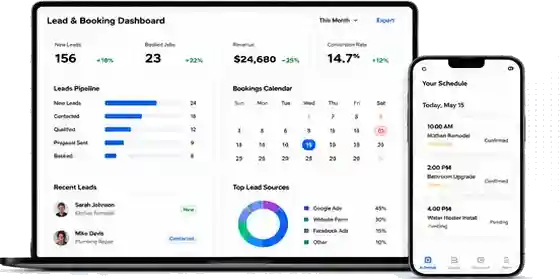 Lead and booking dashboard showing new leads, booked jobs, revenue, calendar appointments, and follow up pipeline