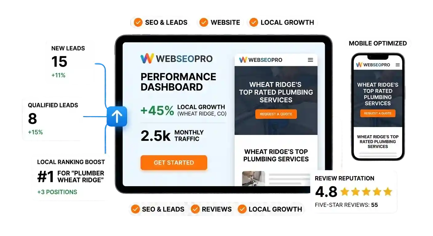 WebSeoPro local business performance dashboard showing website traffic leads SEO growth and local business results