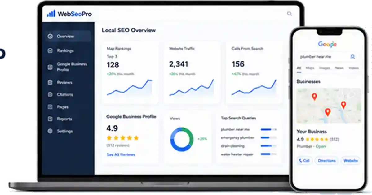 Local SEO dashboard showing Google Maps rankings, website traffic, calls, reviews, and business profile results