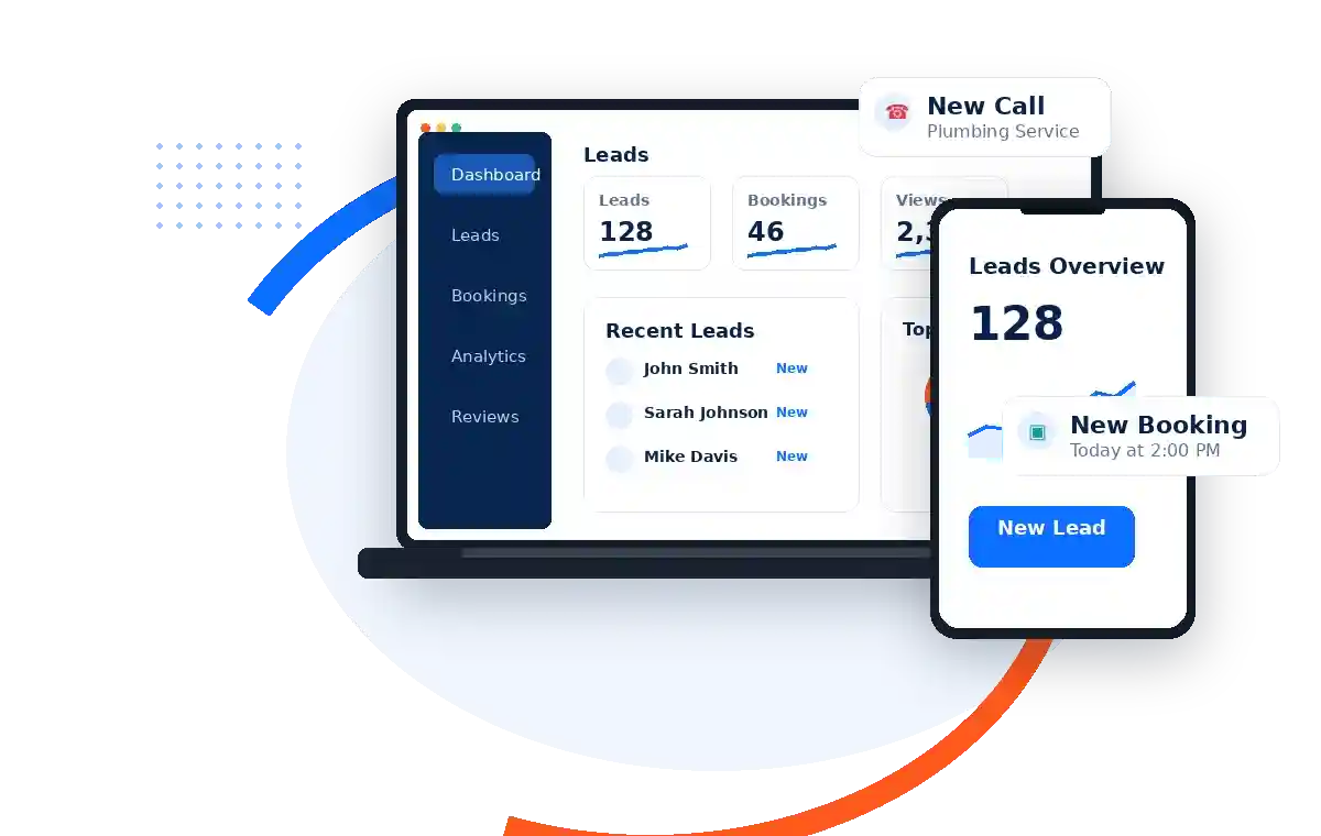 WebSeoPro services dashboard showing leads, bookings, website views, and local business growth