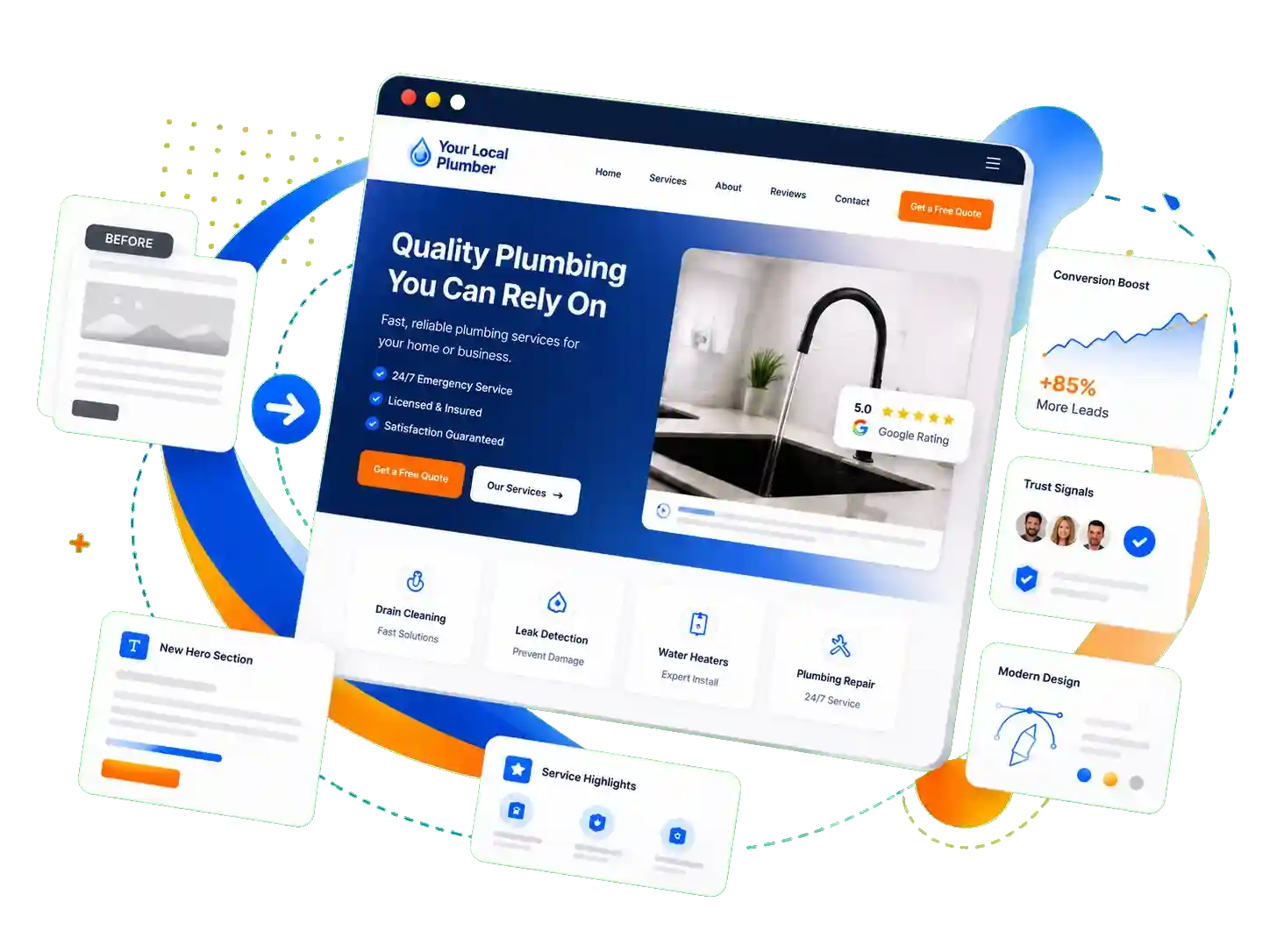 Website refresh app overlay for a local plumbing company