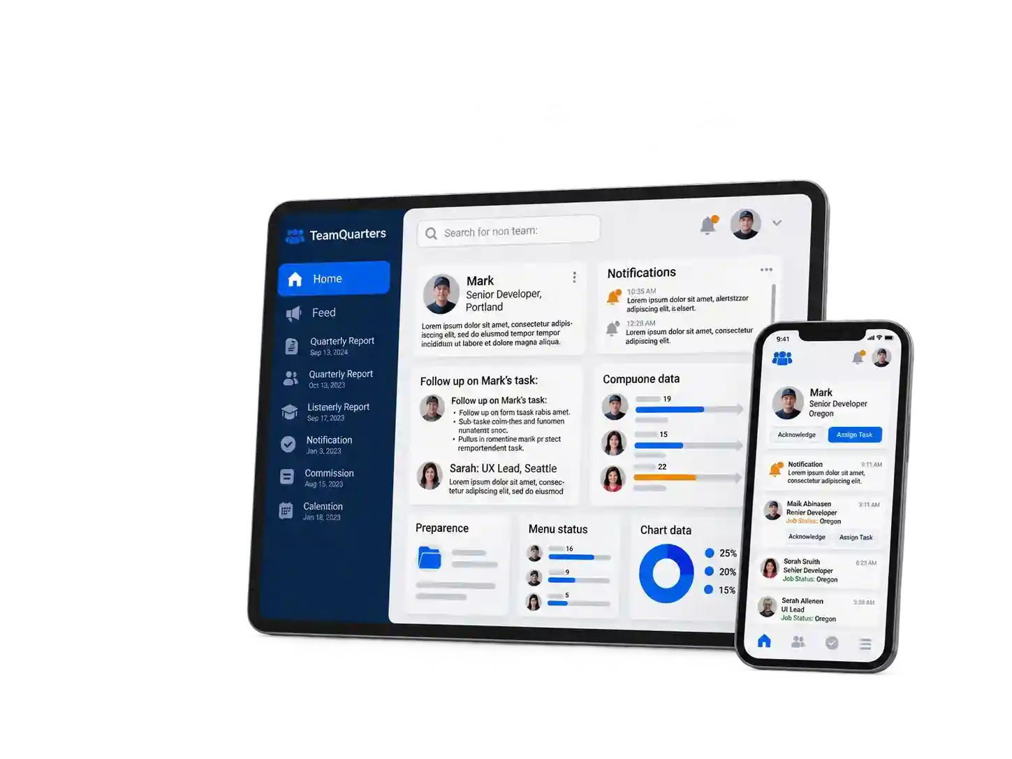 TeamQuarters employee operations dashboard shown on tablet and mobile devices