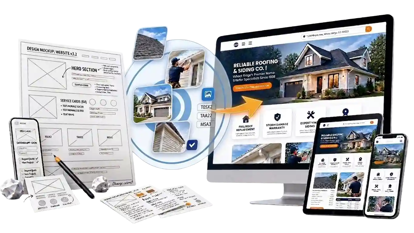 Custom website design process from wireframe to responsive home service website on desktop tablet and mobile