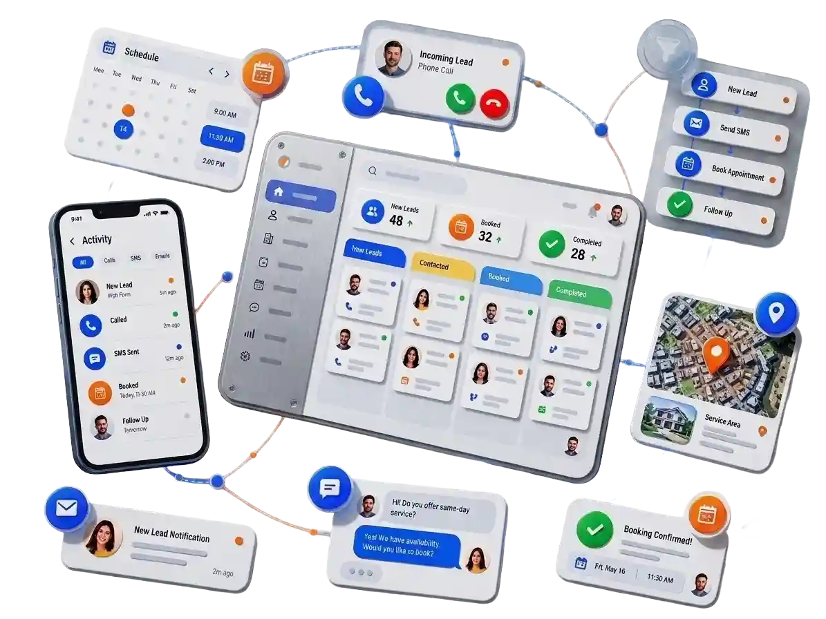 Lead and booking system showing lead capture, automated follow-up, CRM pipeline and appointment booking