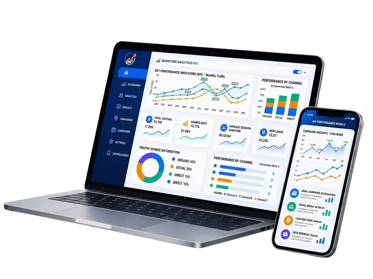 WebSEOPro local marketing analytics dashboard showing website, local visibility, lead and performance information