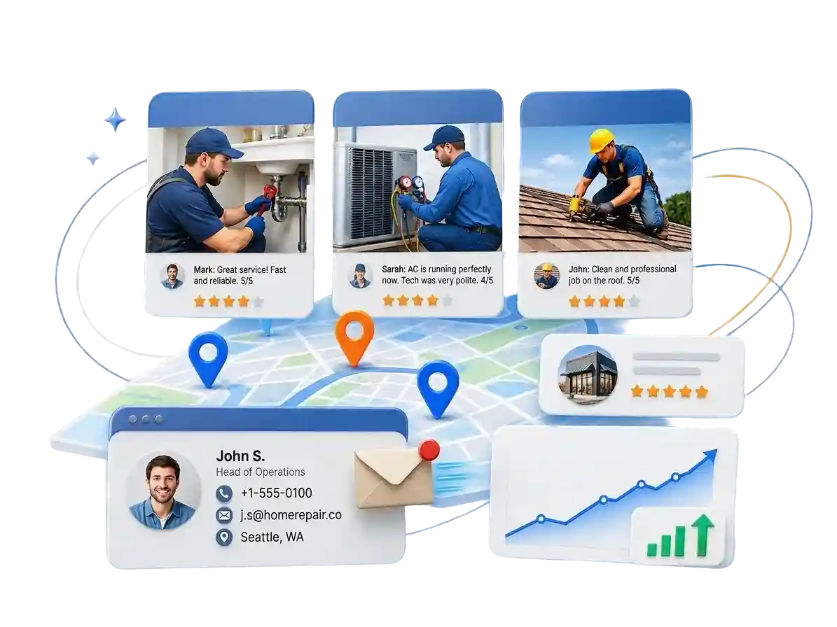 Local service business growth system showing plumbing, HVAC and roofing services with local visibility, leads and website growth