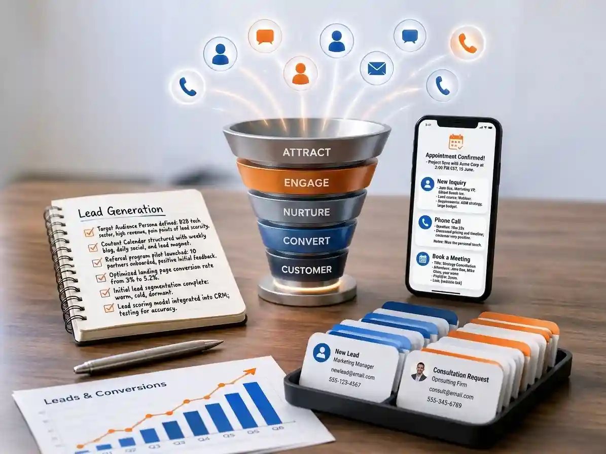 Lead generation funnel showing customer inquiries, phone calls, appointments, and conversion flow