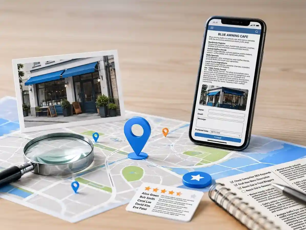 Local SEO planning with service area map, location pins, business listing, and local search research