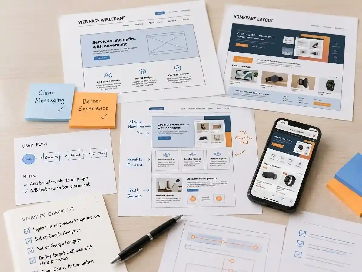 Website planning workspace with page wireframes, mobile layout, messaging, and conversion notes
