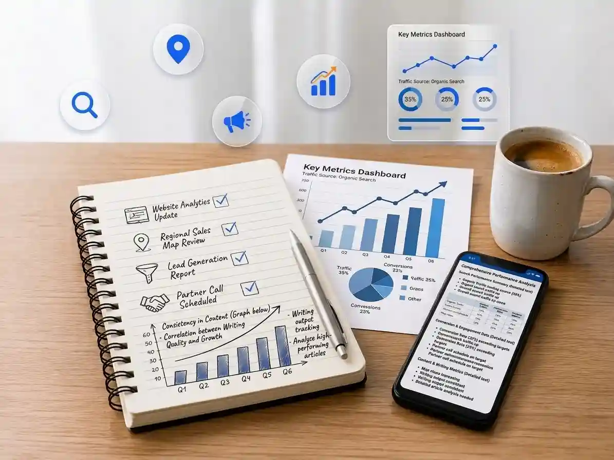 Local service growth blog hero with analytics notebook, dashboard report, smartphone, and coffee mug